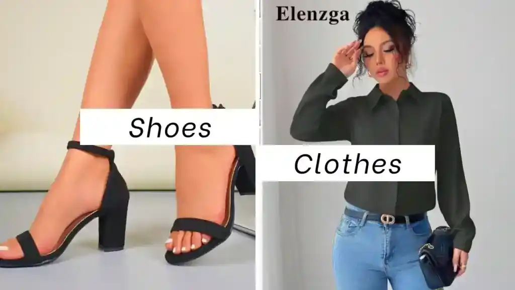 Split image showing a woman's legs wearing black block-heeled ankle-strap sandals on the left, and a woman in a dark green button-down shirt and blue jeans on the right. Labels read 'Shoes' and 'Clothes'.