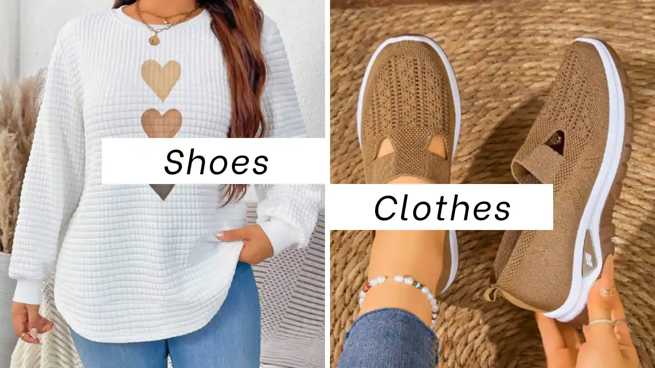 Split image showing a woman in a white quilted sweater with three heart cutouts on the left, and a close-up of brown knit slip-on sneakers on the right.