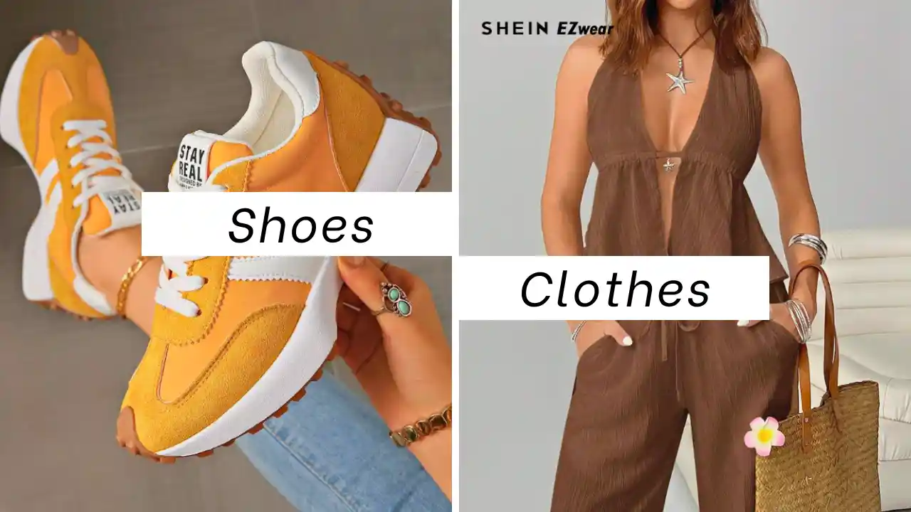 Split image showing yellow and white athletic sneakers on the left, and a woman in a brown halter-neck wide-leg jumpsuit on the right. The brand 'SHEIN EZwear' is at the top.