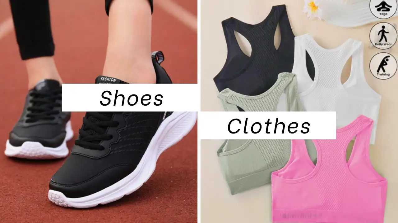 Sports image showing a person walking on a running track wearing black athletic shoes with white soles, next to a set of women’s sports bras in multiple colors including black, white, light green, and pink.