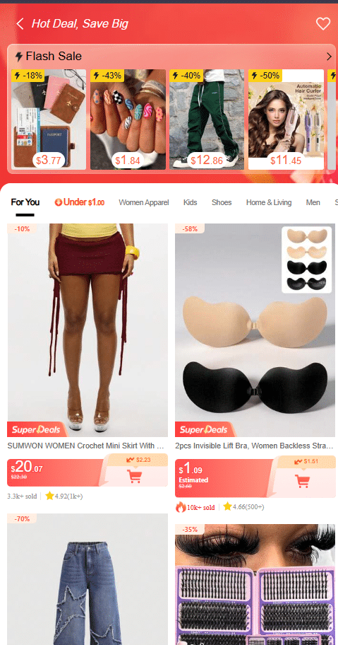 Screenshot of an e-commerce app interface showing a 'Flash Sale' banner and a 'For You' product feed. Featured items include travel accessories, beauty products like false nails and eyelashes, and women's clothing such as a crochet mini skirt and star-patterned jeans, with prices ranging from $1.09 to $20.07.