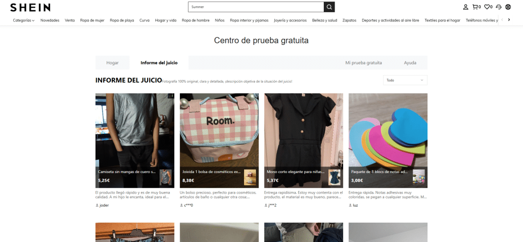 Interfaz del Centro de Pruebas Gratuitas de SHEIN que muestra una cuadrícula de productos de moda con opciones para seleccionar y solicitar el envío de artículos gratis.