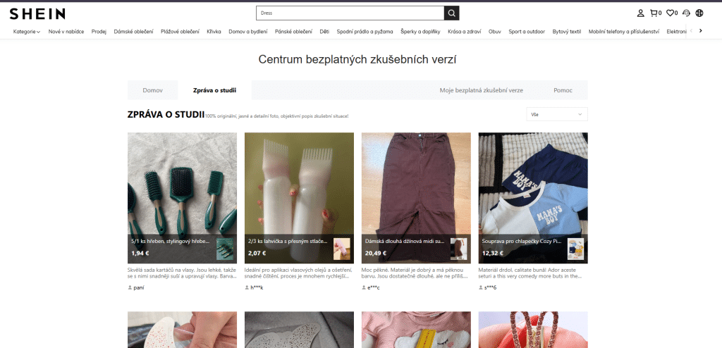 Rozhraní Centra bezplatného testování SHEIN zobrazující mřížku módních produktů s možnostmi výběru a žádosti o zaslání položek zdarma.