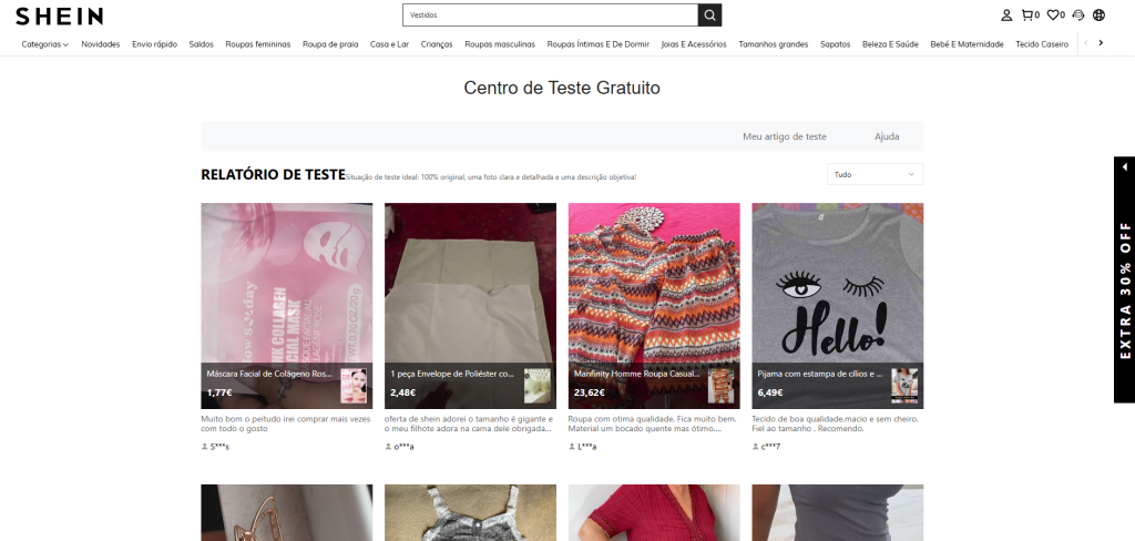 Interfața Centrului de Testare Gratuită SHEIN care afișează o grilă de produse de modă cu opțiuni pentru selectarea și solicitarea livrării articolelor gratuite.
