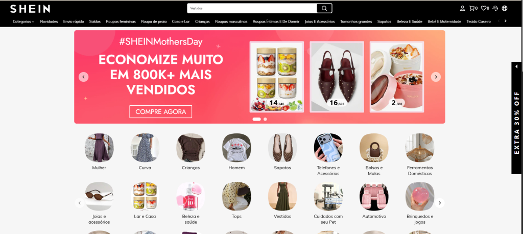 Página inicial da SHEIN com várias categorias de roupa feminina, masculina e infantil, com banners coloridos de ofertas e novidades da coleção atual.
